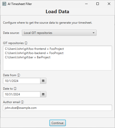 Timesheet filler data load window