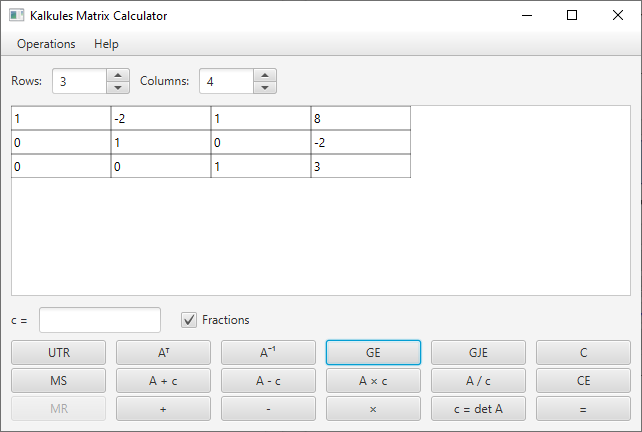 Matrix calculator main window