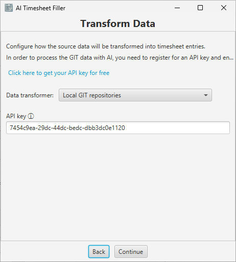 Timesheet filler data transformation window